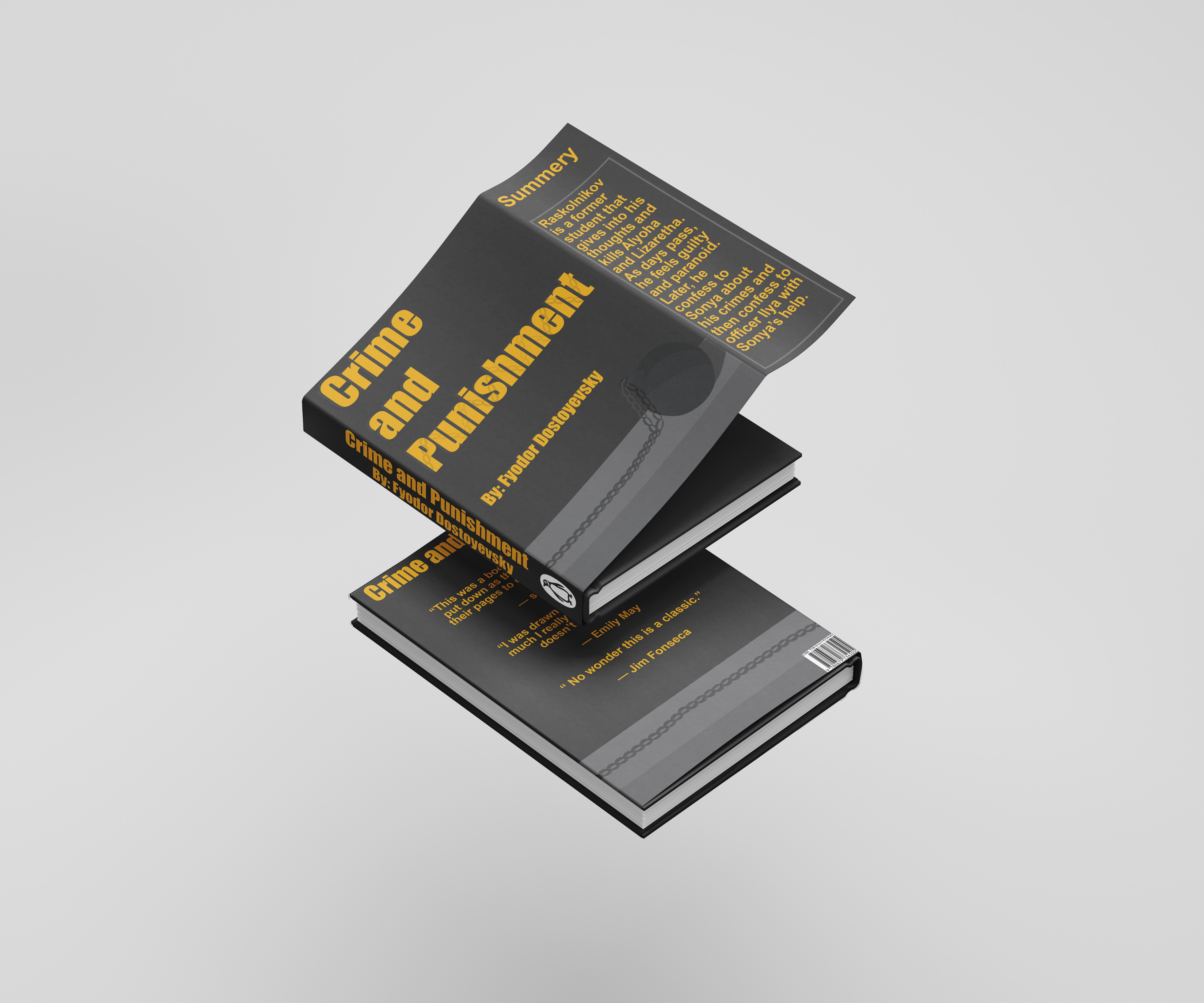a dark gray book cover with a yellow text of crime and punishment by fyodor Dostoevsky on it with a ball and chain on the bookcover