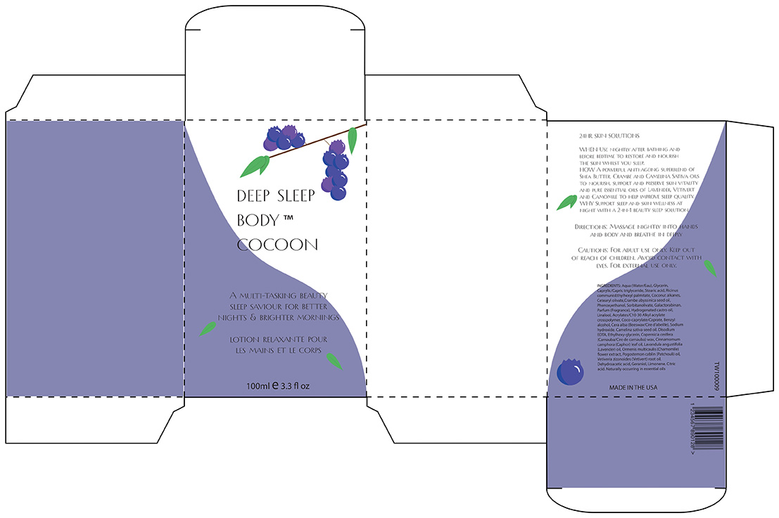 a dark blue and white box with the text deep sleep body cocoon on the front plus a branch with blueberries there are small text leaves are spread across the box and a blueberry in the corner